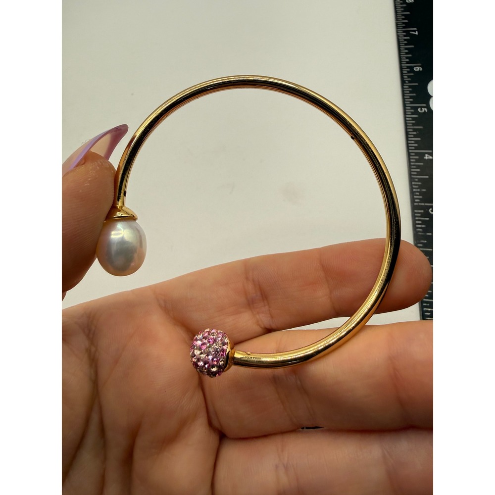 Gold Tone Bypass Cuff Bracelet with White‎ Pearl and Pink Crystal Pave Ball